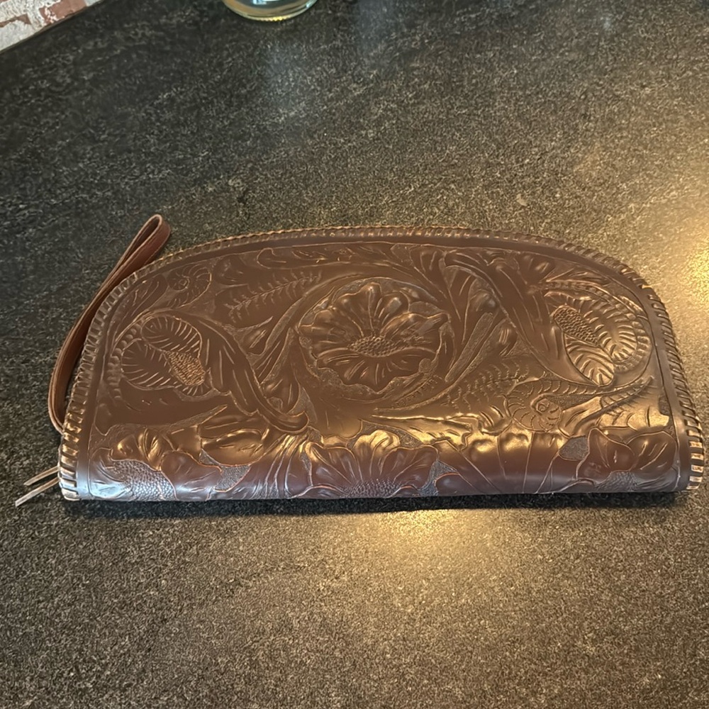 Vintage tooled leather oversized clutch